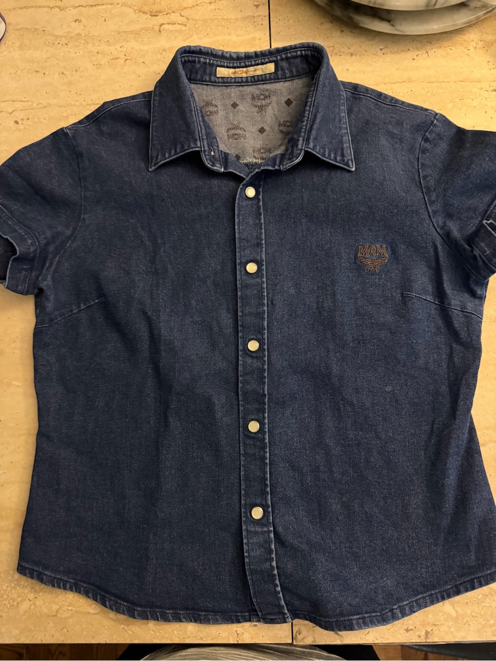 MCM Navy Blue Short Sleeve Denim Button-Front Shirt